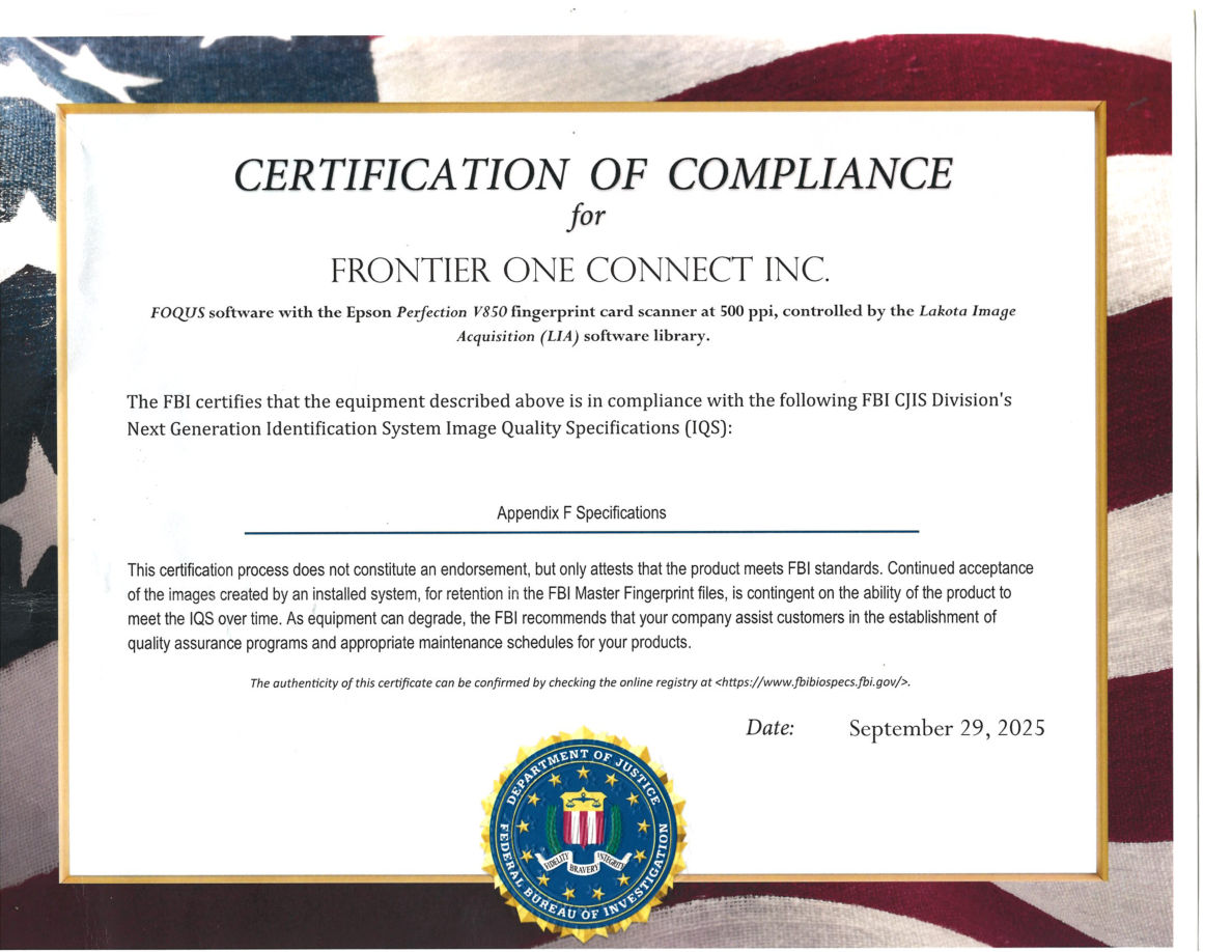 FBI CJIS Certification of Compliance — FOQUS with the Epson Perfection V850 fingerprint card scanner — September 29, 2025