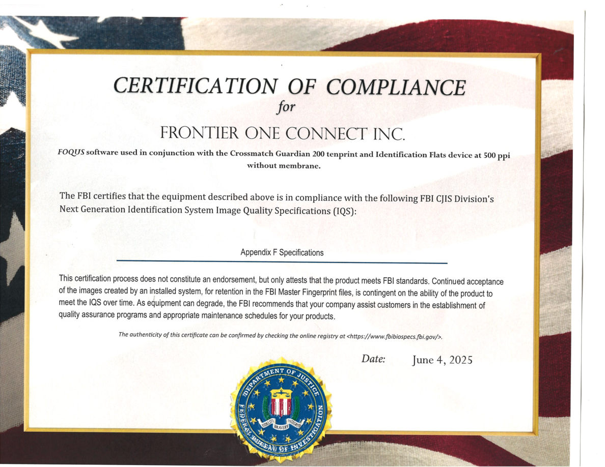 FBI CJIS Certification of Compliance — FOQUS with the Crossmatch Guardian 200 — June 4, 2025
