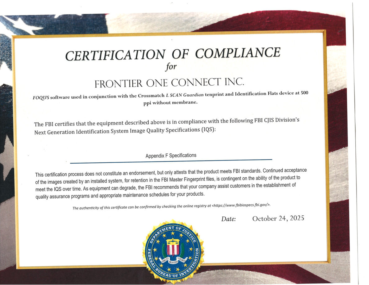 FBI CJIS Certification of Compliance — FOQUS with the Crossmatch L SCAN Guardian — October 24, 2025