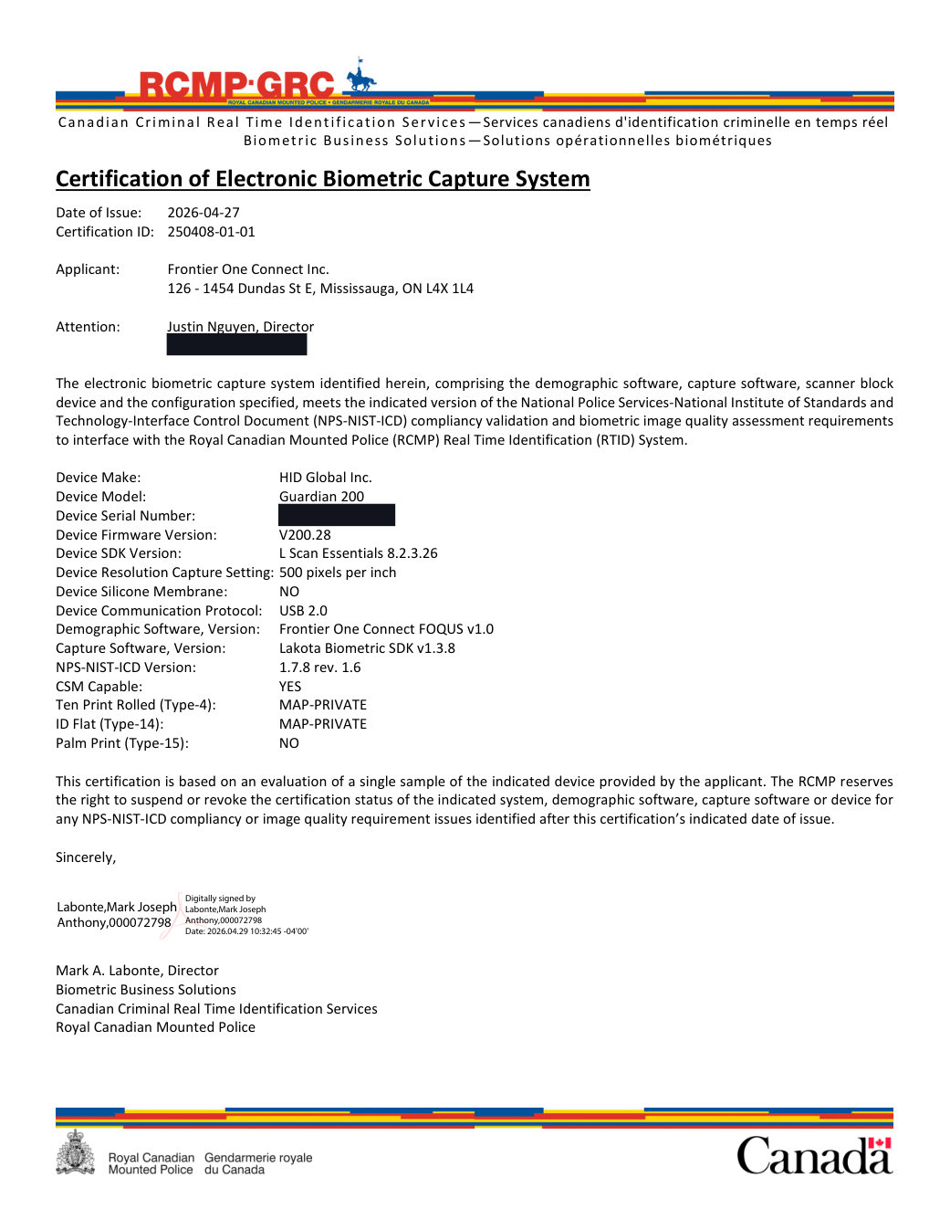 RCMP RTID Certification of Electronic Biometric Capture System — FOQUS v1.0 with HID Guardian 200 — Cert 250408-01-01 (email and serial redacted)