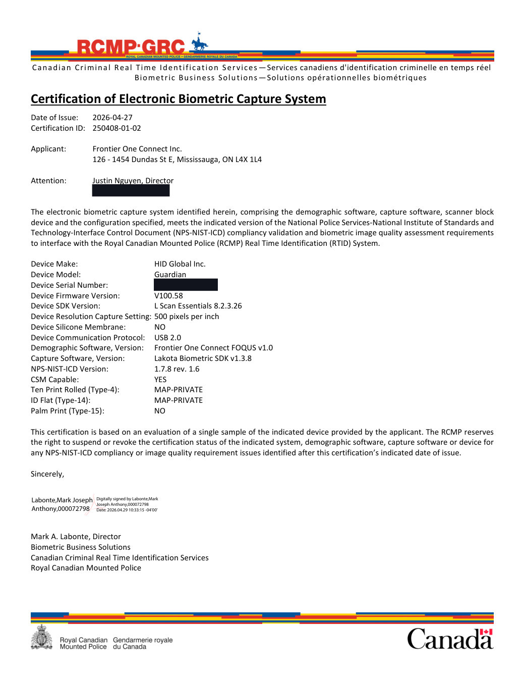 RCMP RTID Certification of Electronic Biometric Capture System — FOQUS v1.0 with HID Guardian — Cert 250408-01-02 (email and serial redacted)