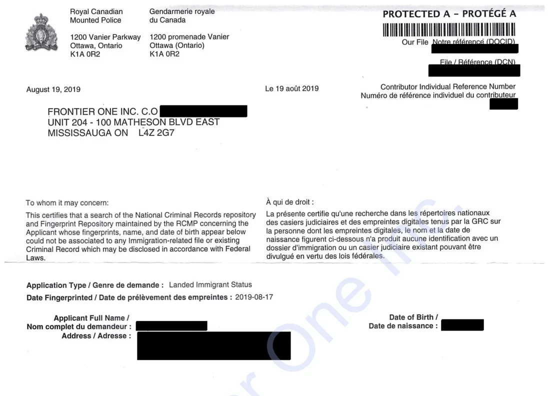 The top of a real RCMP criminal record check result letter, addressed to Frontier One, with the client's personal details blacked out.