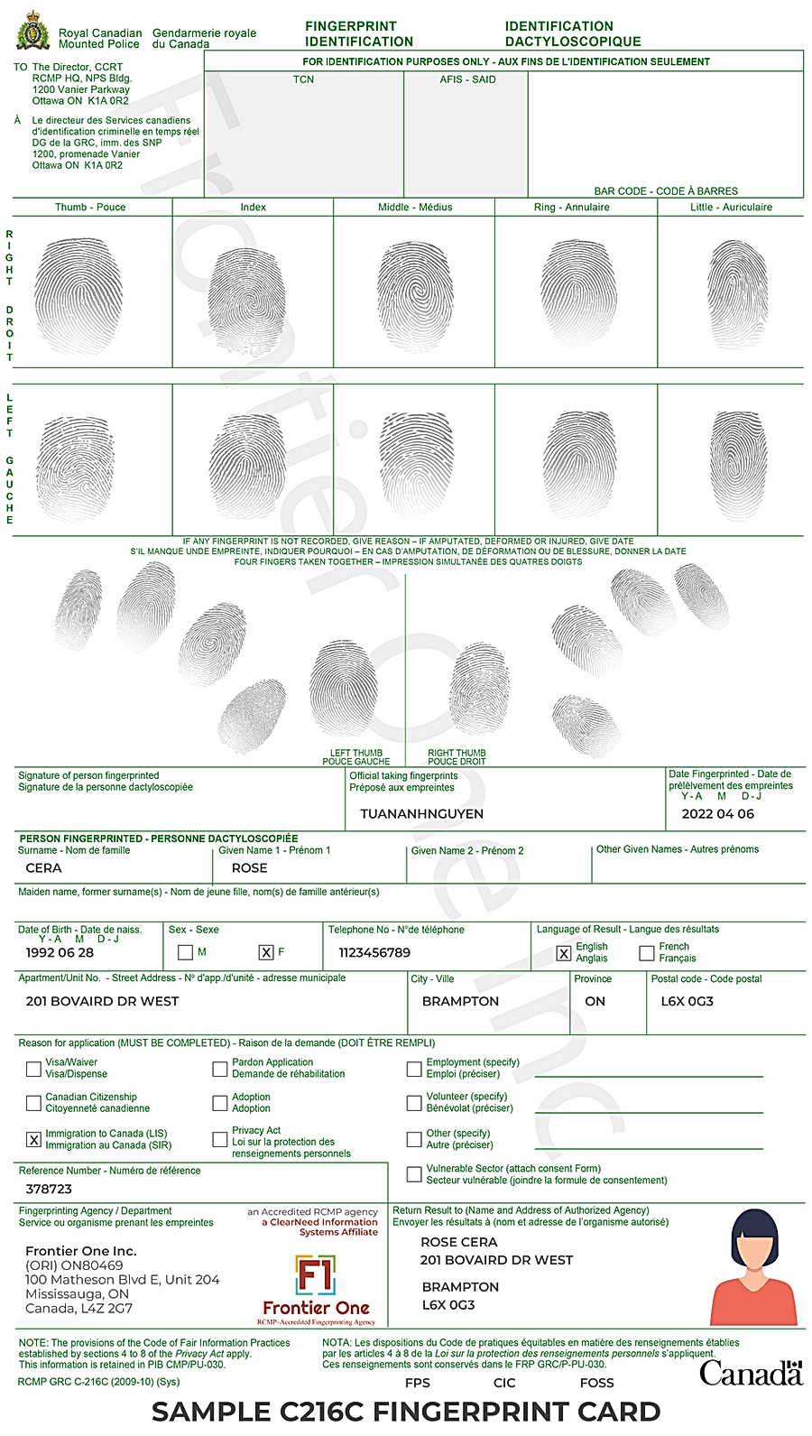 Sample RCMP C-216C fingerprint card