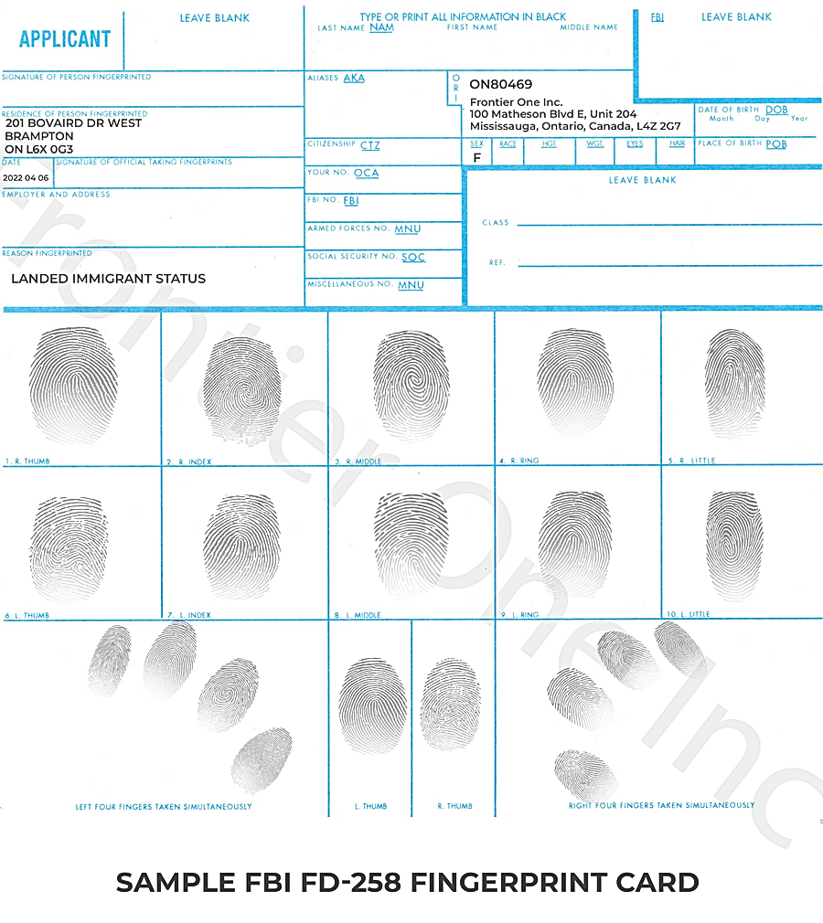 Sample FBI FD-258 applicant fingerprint card