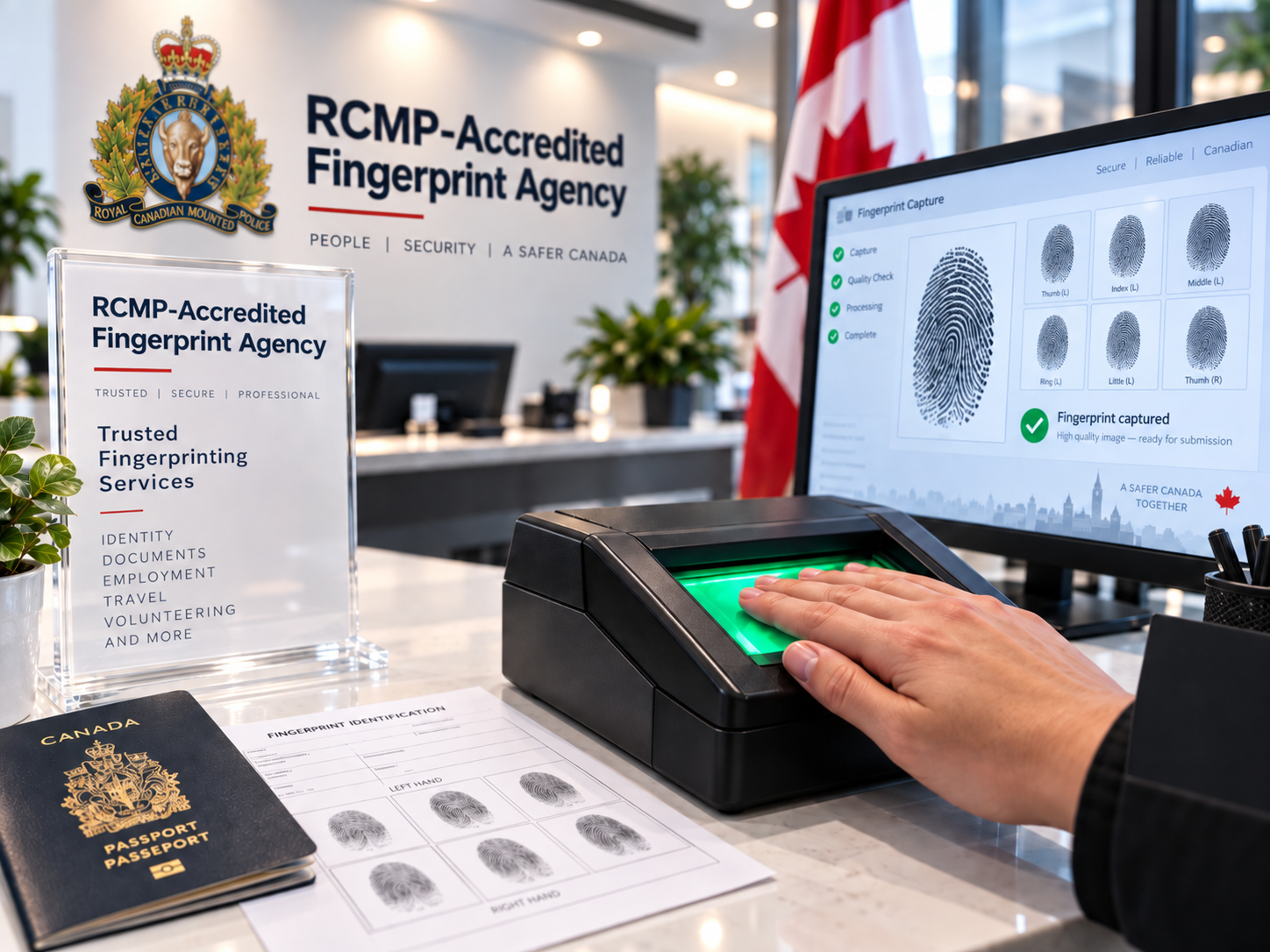 A hand placed flat on an electronic fingerprint scanner lit green.
