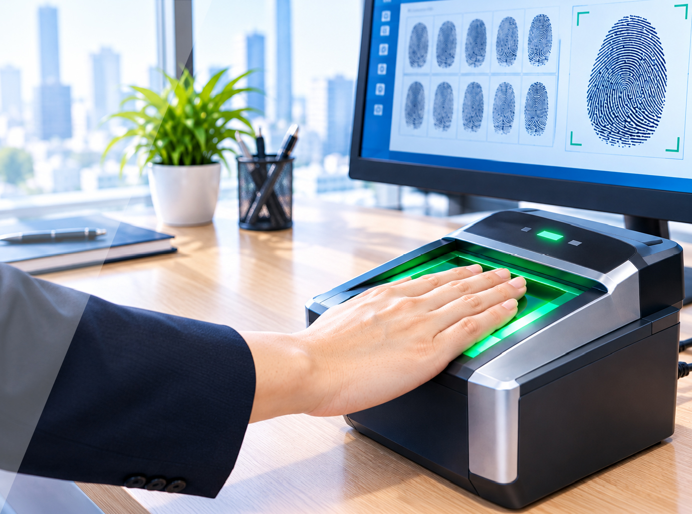 A hand placed flat on an electronic fingerprint scanner lit green.