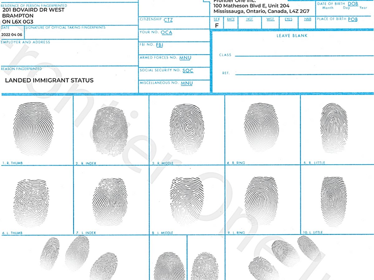 A sample FBI FD-258 fingerprint card showing ten rolled impressions.
