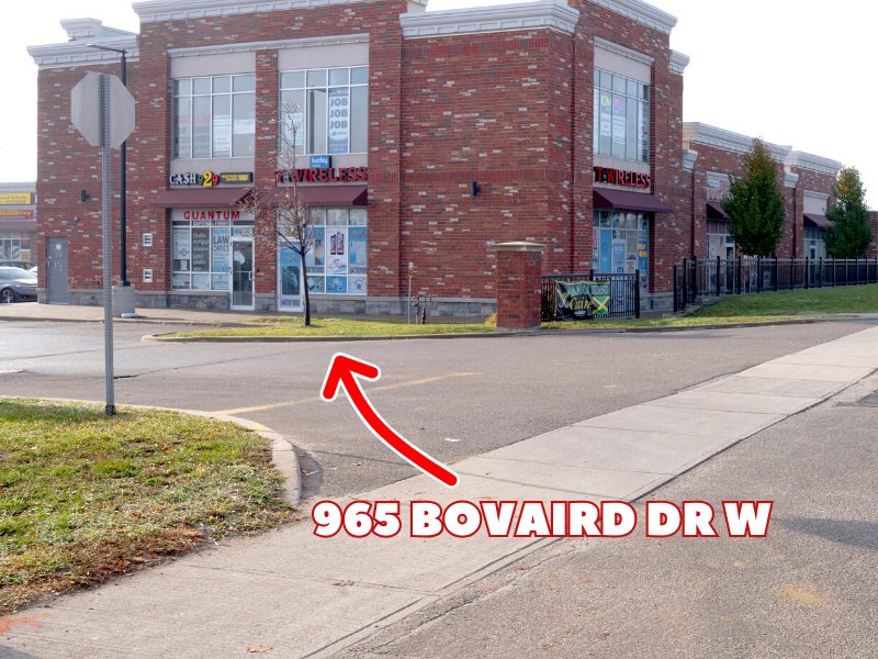 Brampton office: the plaza at 965 Bovaird Dr W, with an arrow to the F1 office building