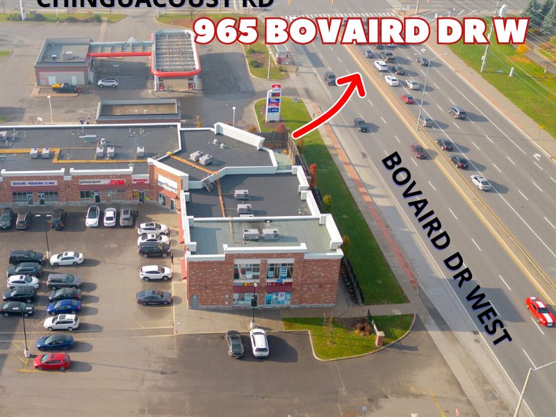 Brampton office: aerial view of the plaza at Bovaird Dr W and Chinguacousy Rd, with an arrow to the building