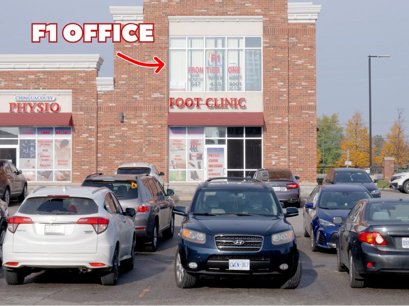 Brampton office: the F1 office windows, seen from the parking lot