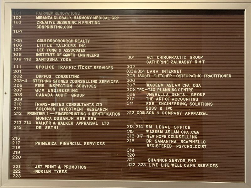 Burlington office: the building directory, listing Frontier One in unit 212