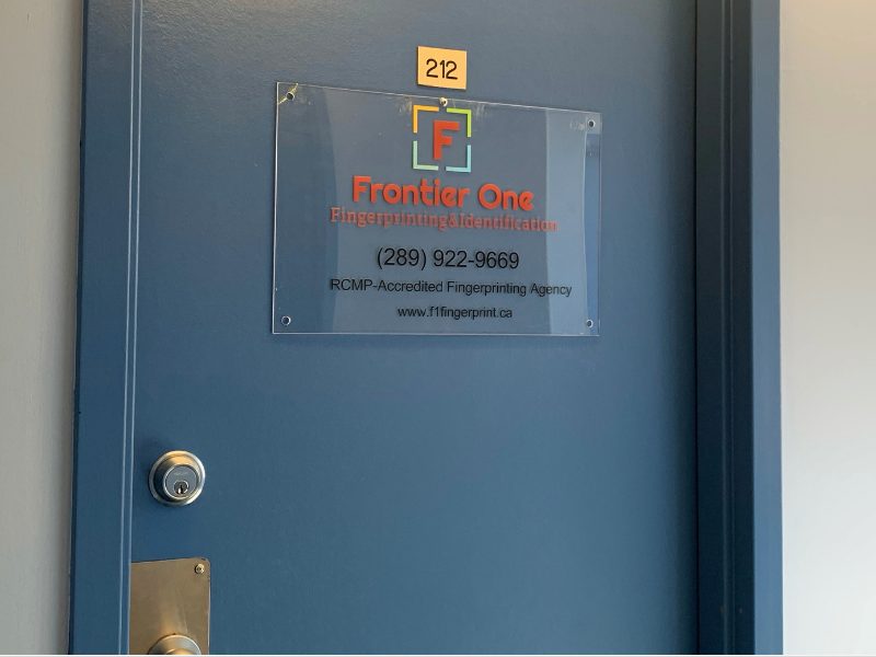 Burlington office: the door of unit 212, Frontier One Inc. Burlington