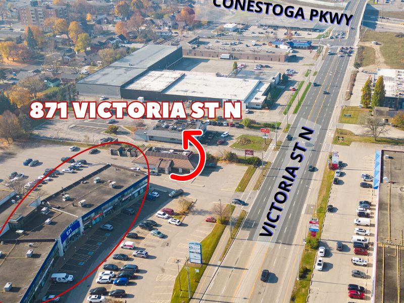 Kitchener office: aerial view of 871 Victoria St N, with an arrow to the building
