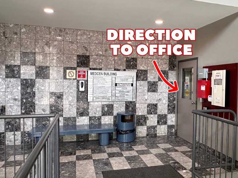 London office: the directory board, with an arrow toward the office
