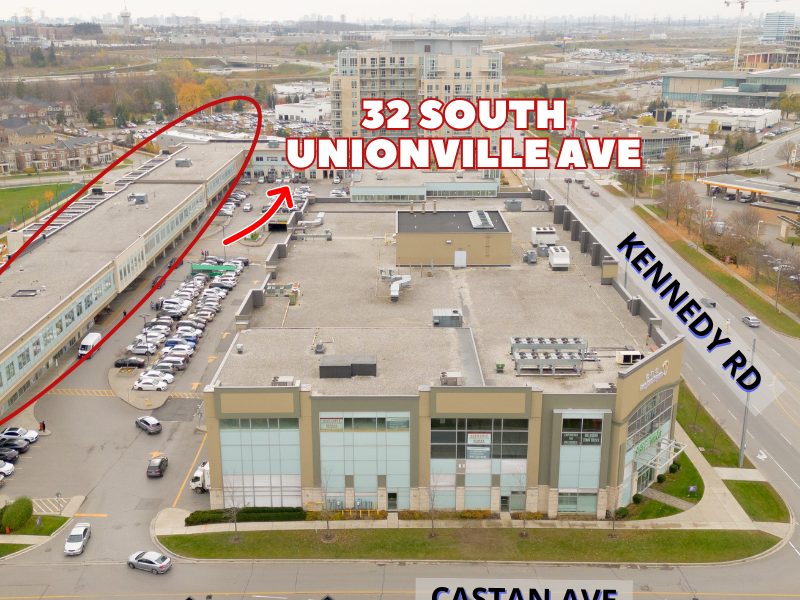 Markham office: aerial view of 32 South Unionville Ave, with an arrow to the building