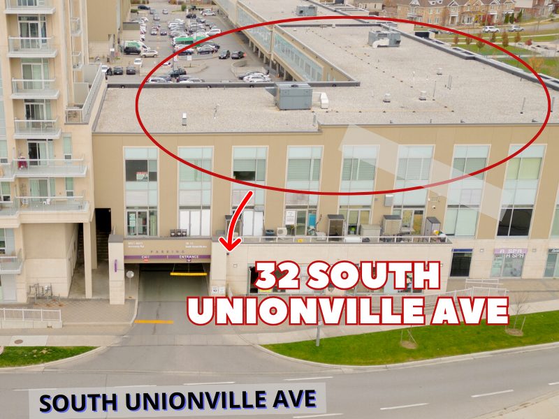 Markham office: aerial view of the building, with an arrow to the office