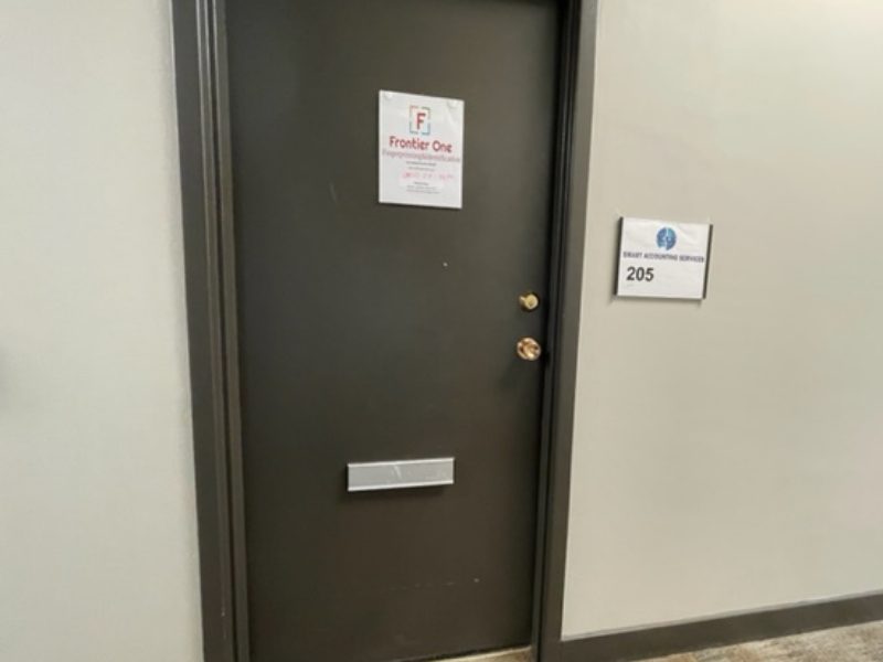 Milton office: the door of unit 205, Frontier One Inc. Milton