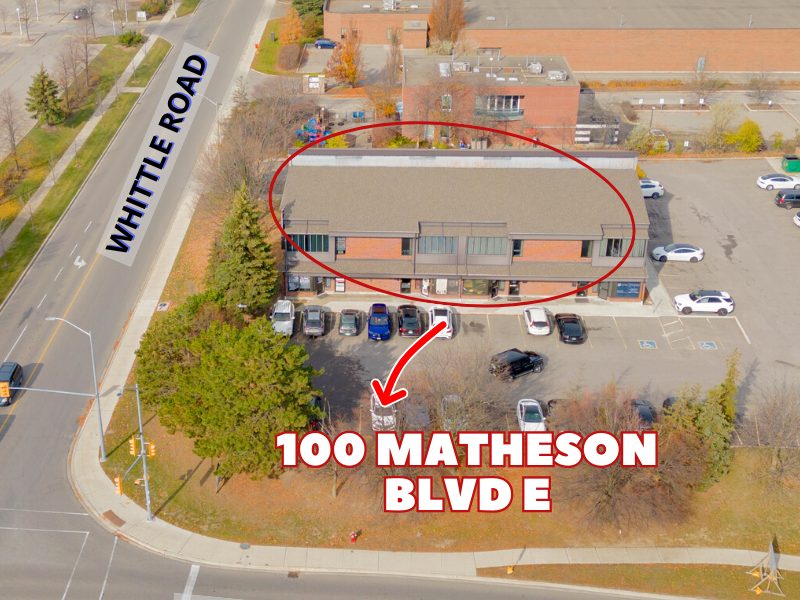 Mississauga office: aerial view of 100 Matheson Blvd E, with an arrow to the building