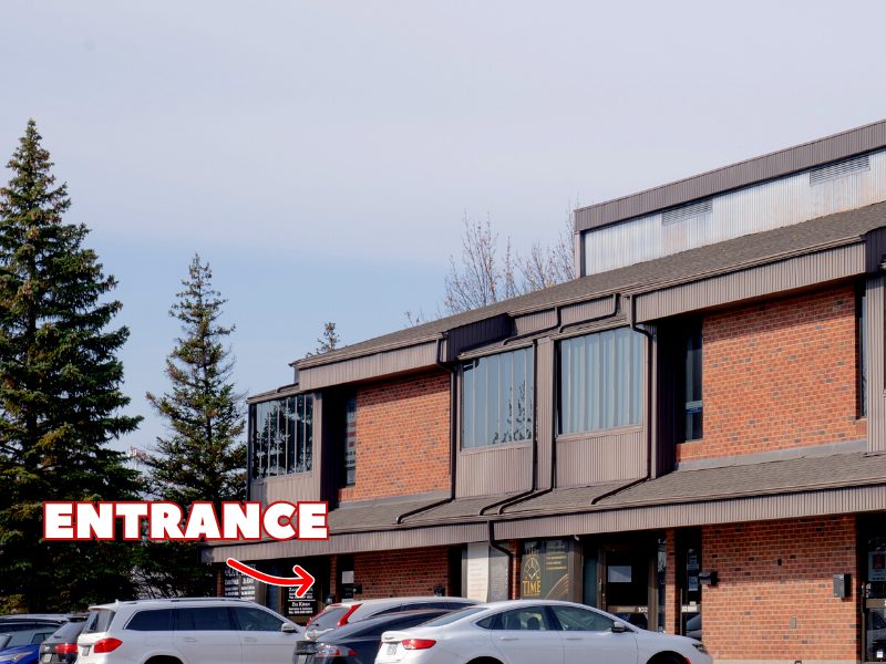 Mississauga office: the office building, with an arrow to the entrance