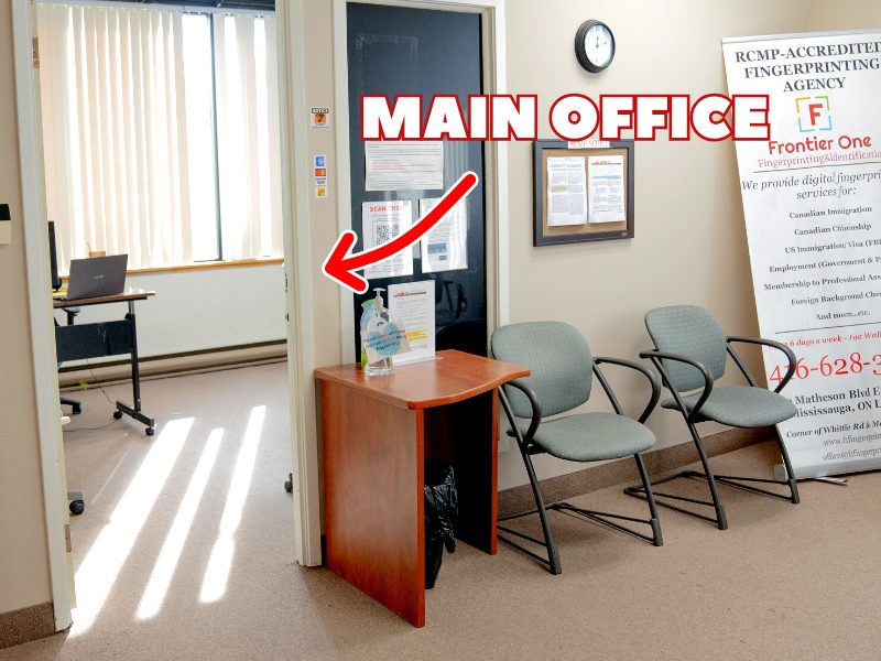 Mississauga office: the waiting area, with an arrow to the main office