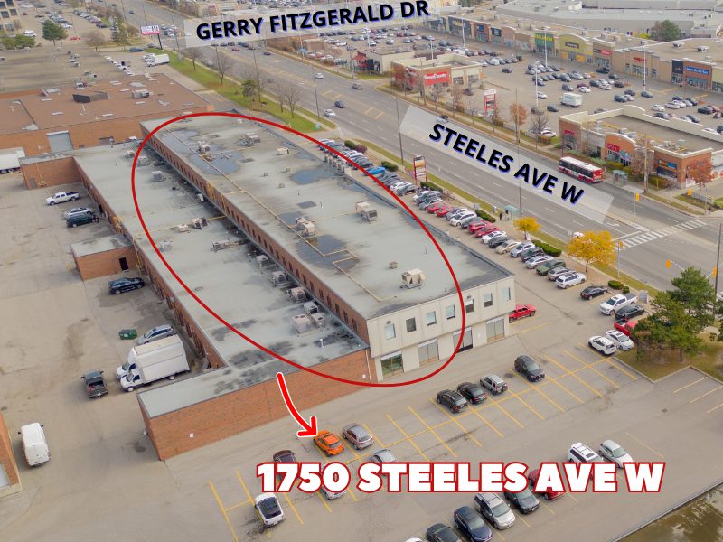 Vaughan office: aerial view of 1750 Steeles Ave W, with an arrow to the building