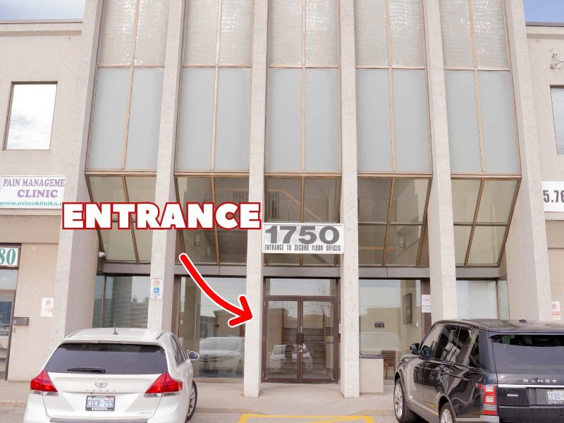 Vaughan office: the office building, with an arrow to the entrance
